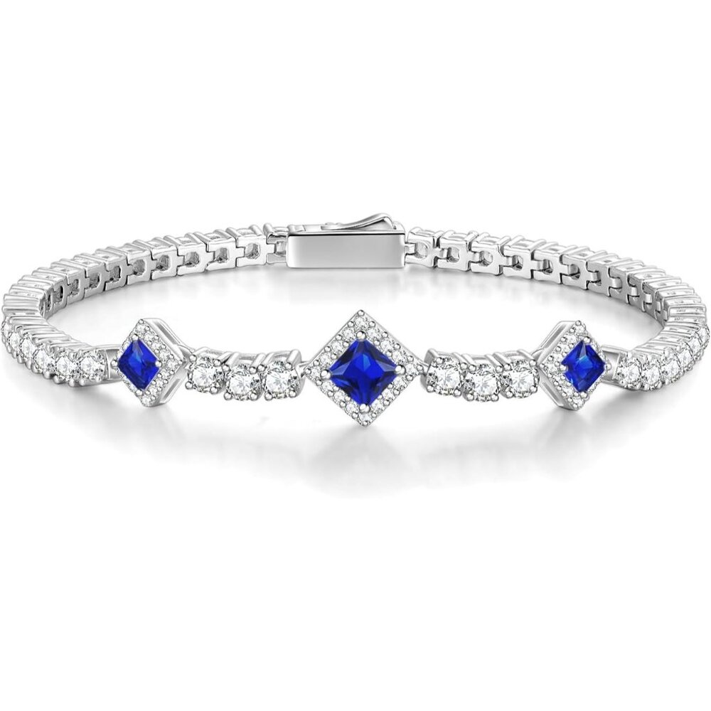 Birthstone 4mm Sterling Silver Tennis Square Gemstone Bracelet - 09-Sapphire